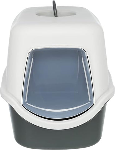 Cat Litter Tray with Hood | Litter Tray with Hood, Door Flap and Handle | Made with Lightweight and Durable Material | Double Rim Keeps The Surrounding Area Clean & Tidy - Grey