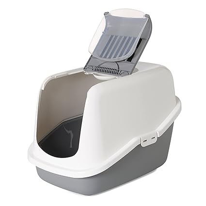 Cat Litter Tray with Hood | Litter Tray with Hood, Door Flap and Handle | Made with Lightweight and Durable Material | Double Rim Keeps The Surrounding Area Clean & Tidy - Grey