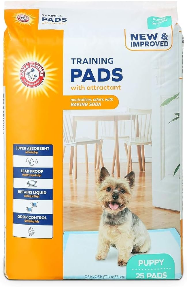Arm & Hammer Puppy Training Pads with Attract | New and Improved Super Absorbent, Leak Proof, Odor Control Puppy Pads with Baking Soda | 25 Pack Bulk Pee Pads