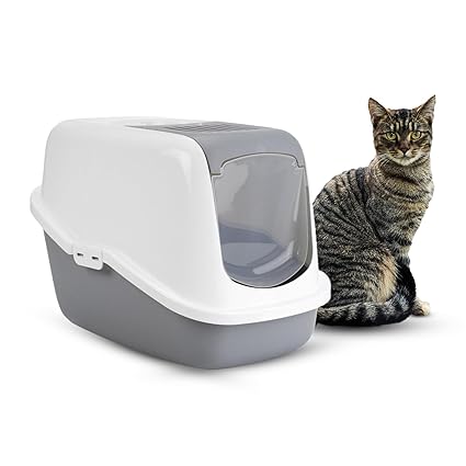 Cat Litter Tray with Hood | Litter Tray with Hood, Door Flap and Handle | Made with Lightweight and Durable Material | Double Rim Keeps The Surrounding Area Clean & Tidy - Grey