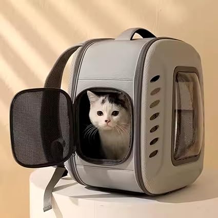 PET FUN Premium Transparent Cat Backpack Carrier - Breathable Pet Travel Bag for Cats & Small Dogs, Foldable, Ventilated with Ergonomic Design, Perfect for Hiking & Camping (Grey)