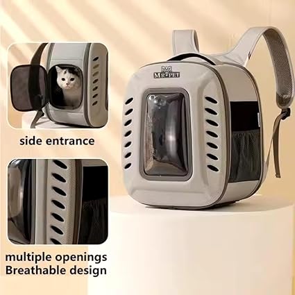 PET FUN Premium Transparent Cat Backpack Carrier - Breathable Pet Travel Bag for Cats & Small Dogs, Foldable, Ventilated with Ergonomic Design, Perfect for Hiking & Camping (Grey)