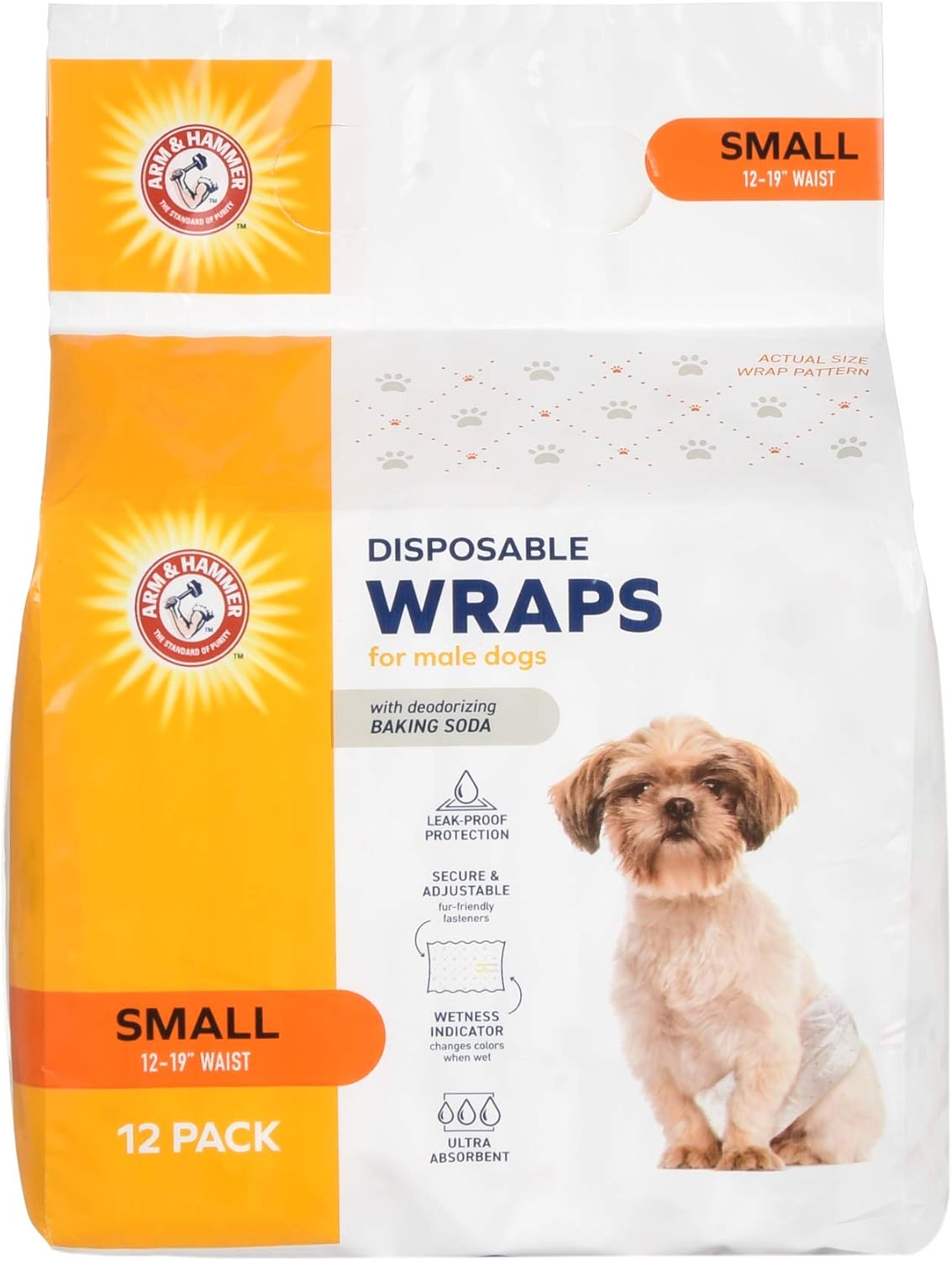 Arm & Hammer For Pets Dog Wraps, Size Small, 12 Count | Ultra-Absorbent, Adjustable Male Dog Diapers with Leak-Proof Protection and Wetness Indicator | Baking Soda for Odor Control