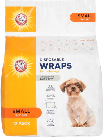 Arm & Hammer For Pets Dog Wraps, Size Small, 12 Count | Ultra-Absorbent, Adjustable Male Dog Diapers with Leak-Proof Protection and Wetness Indicator | Baking Soda for Odor Control