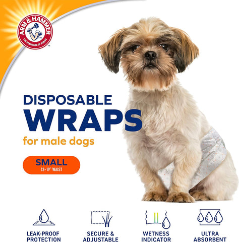 Arm & Hammer For Pets Dog Wraps, Size Small, 12 Count | Ultra-Absorbent, Adjustable Male Dog Diapers with Leak-Proof Protection and Wetness Indicator | Baking Soda for Odor Control