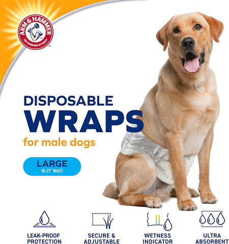 Arm & Hammer for Pets Dog Wraps, Size Large, 12 Count | Ultra-Absorbent, Adjustable Dog Diapers with Leak-Proof Protection and Wetness Indicator for Large Dogs