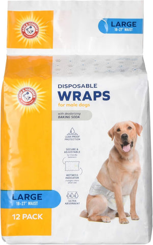 Arm & Hammer for Pets Dog Wraps, Size Large, 12 Count | Ultra-Absorbent, Adjustable Dog Diapers with Leak-Proof Protection and Wetness Indicator for Large Dogs