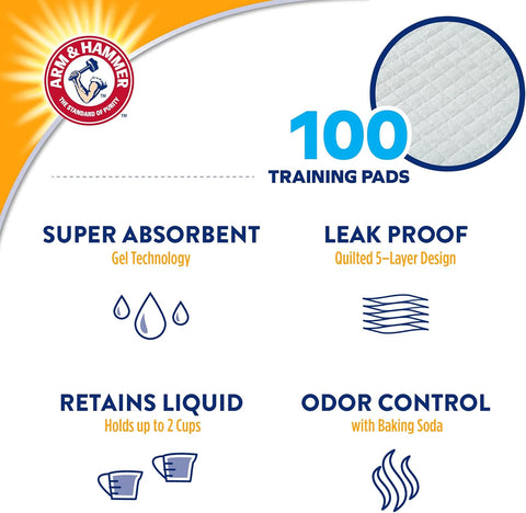 Arm & Hammer - Dog Training Pads Stay at Home | New & Improved Super Absorbent Leak Proof Odor Control Dog Padding with Baking Soda | 100 Count Pee Pads