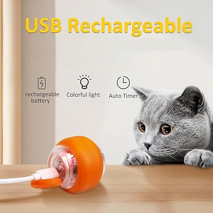 Goofy Tails Smart Ball Interactive Toy for Cats and Kittens 6cm - Orange | 360° Rotating Cat Toy Ball | Ideal for Indoor & Outdoor Play | USB Rechargeable Automatic Rotating Ball with LED