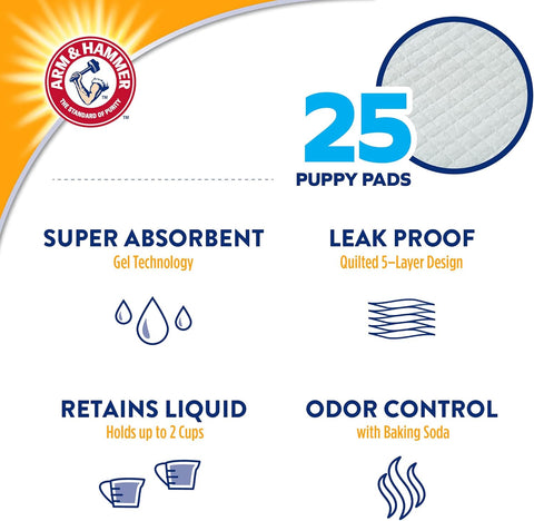 Arm & Hammer Puppy Training Pads with Attract | New and Improved Super Absorbent, Leak Proof, Odor Control Puppy Pads with Baking Soda | 25 Pack Bulk Pee Pads
