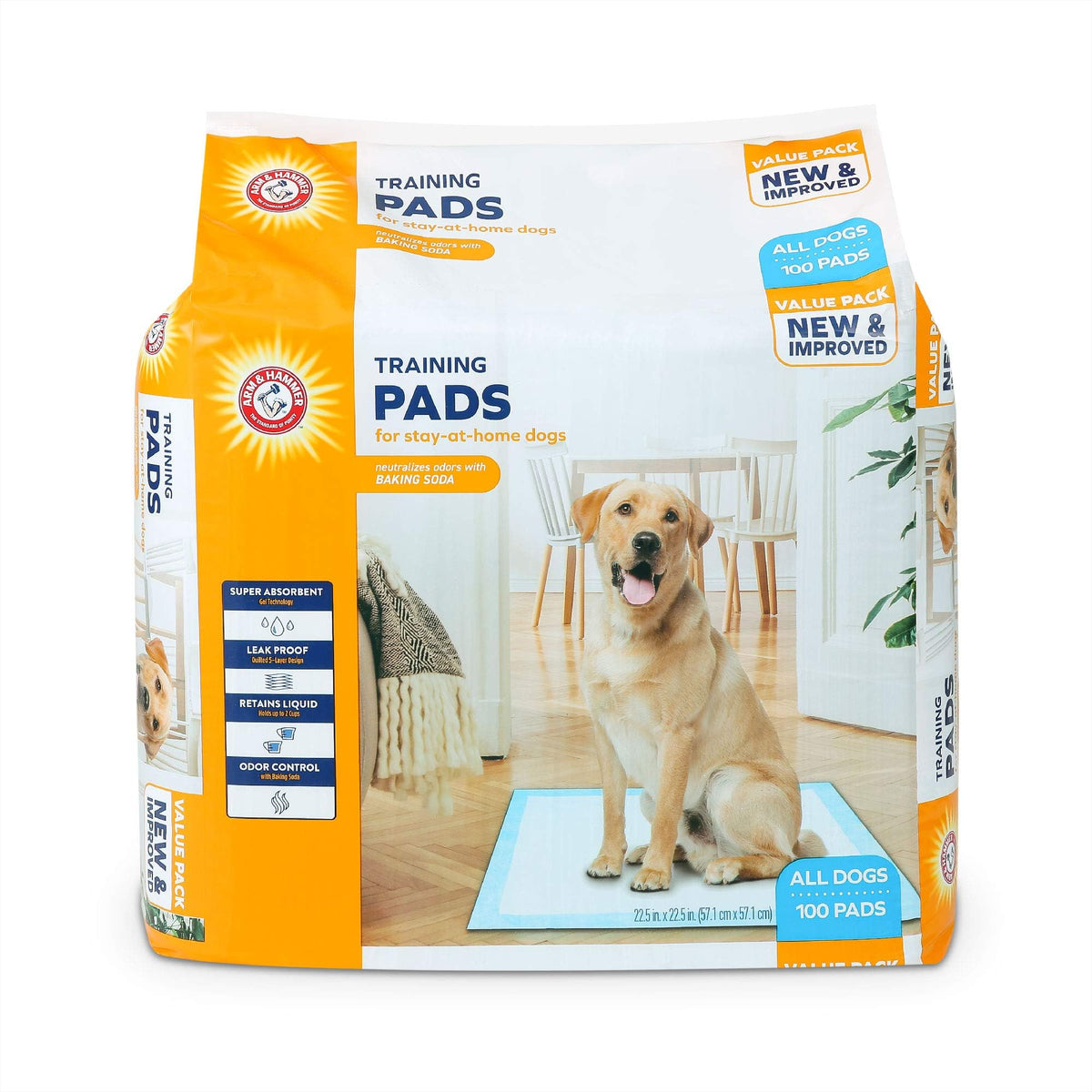 Arm & Hammer - Dog Training Pads Stay at Home | New & Improved Super Absorbent Leak Proof Odor Control Dog Padding with Baking Soda | 100 Count Pee Pads